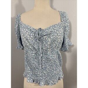 Sim Sam‎ Top Womens XL Blue Floral Cinched Babydoll Fairy Cottagecore 90s Y2k